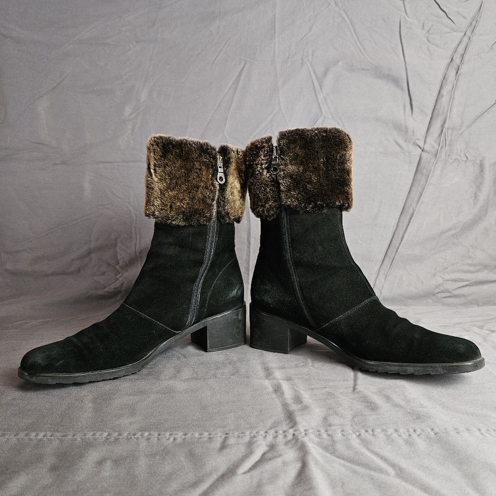 Salvatore Ferragamo Black Black Suede w/ Faux Fur Trim Heeled Boots Size 10 2A - Picture 4 of 10